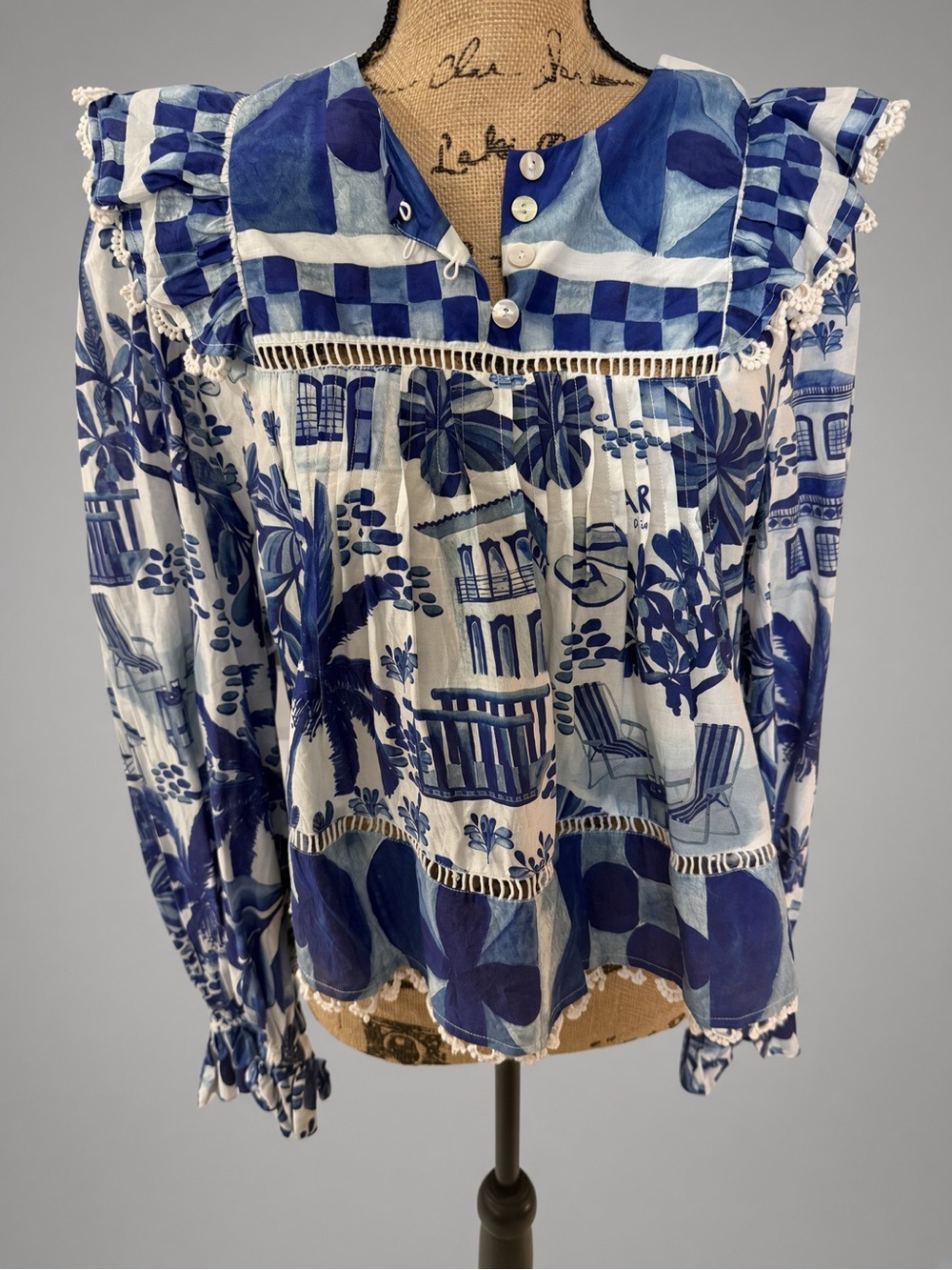 FARM Rio Blue & White Printed Peasant Blouse
